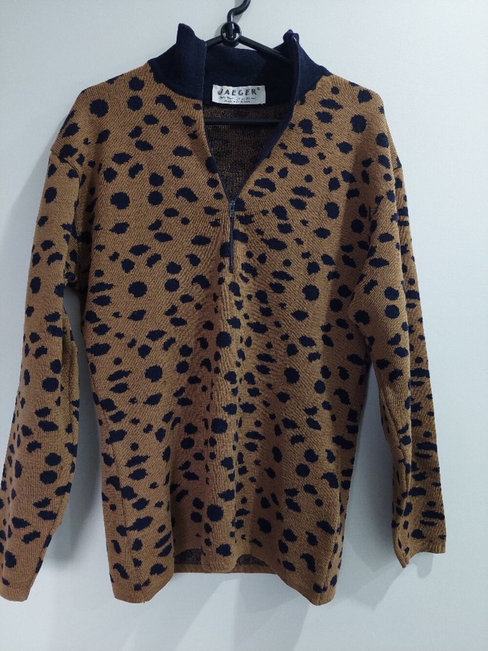 Vintage Jaeger Women's Sz S Wool Zip-up Mock-neck Sweater Leopard Print